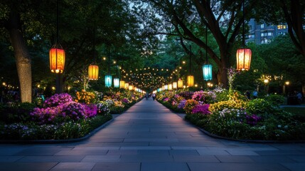 Obraz premium A vibrant walkway in a city park is lined with blooming flowers and colorful lanterns, glowing softly at dusk