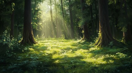 Obraz premium Tranquil forest bathed in sunlight, with vibrant green groundcover creating a calming woodland scene.