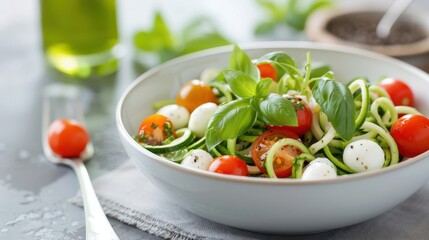  vibrant pesto pasta salad with zucchini noodles, cherry tomatoes, and mozzarella pearls.