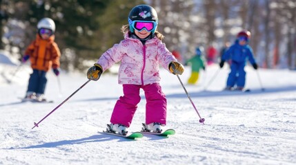 Young child skiing on a snowy slope while other children and adults enjoy winter sports at a ski resort on a sunny day