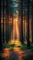 Obraz premium Sun Rays Filtering Through Forest Trees