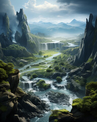 Waterfall amidst the valley natural atmosphere