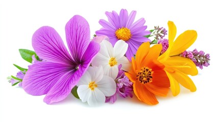Obraz premium A bunch of colorful flowers with symbolic meanings, resting on a white background, expressing sentiments of love, joy, and peace