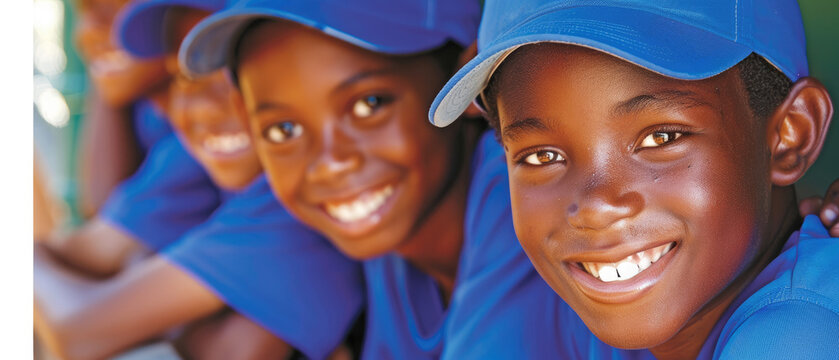 Three children wearing blue hats and shirts are smiling and posing for a picture