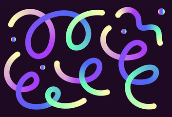Neon Color Gradient squiggle lines. Scribble stripe with wavy elements. Abstract organic dynamic colorful Sshapes on dark background.