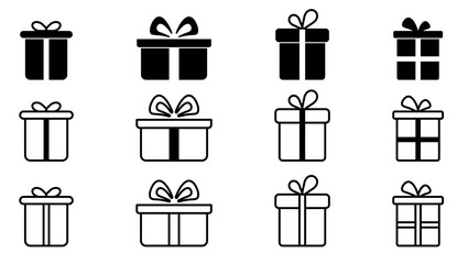 Gift Box Icon Set with Bow in Black and White