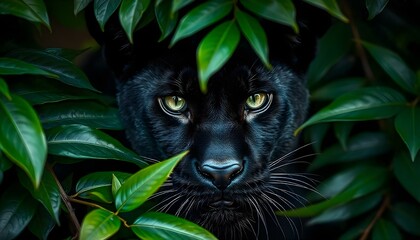 Dangerous black phanter, green leaves, green eyes, jungle, portrait, hyper realistic