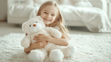 Young girl happily cuddling a soft teddy bear in a bright, cozy living room filled with natural light