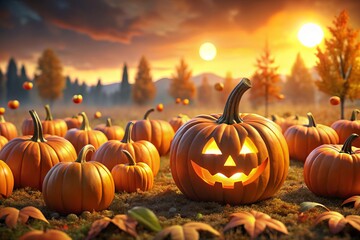 Halloween animation of a pumpkin patch with animated jack-o-lanterns in a warm autumn color scheme and a playful mood and loose hand-drawn style concept