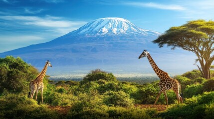 Fototapeta premium Giraffes roam in the lush savannah landscape with Mount Kilimanjaro in the background under a clear blue sky during daytime