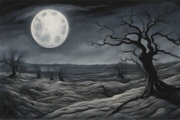 Fototapeta premium Full moon encircled by contorted tree silhouettes elongated shadows draping over barren terrain, AI Generated