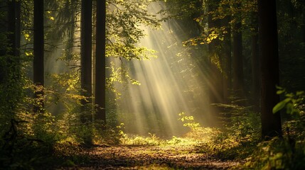 Naklejka premium Walking through a forest, you can see sunlight coming through the trees. You're surrounded by plants, tree trunks, twigs, grass, and different shades of wood.