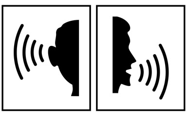 People talking. Speak and listen. Silhouettes of people talking signs or symbols, man with open mouth, man with ears and sound waves, voice commands. Icon vector illustration