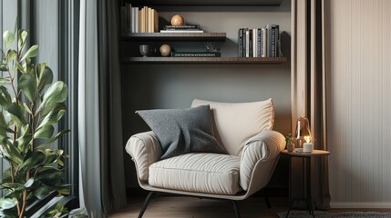 A cozy reading nook with a wall-mounted shelf and a small armchair