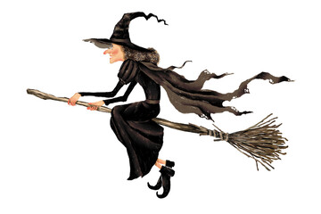 Witch flying on broom halloween Hand drawn illustration on a transparent background
