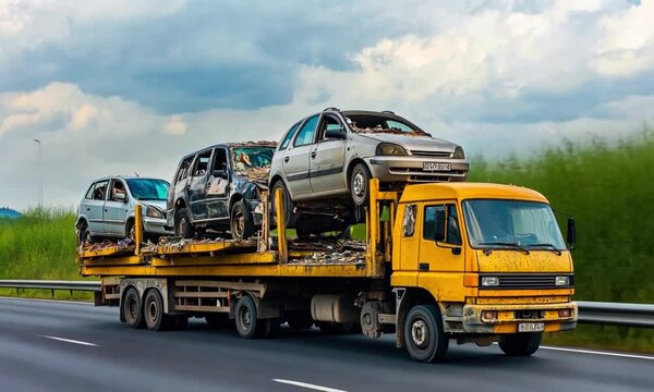 large yellow truck transporting damaged and wrecked cars on a flatbed trailer along a highway. The scene suggests vehicle recycling, transportation, and industrial processes in a rural area.