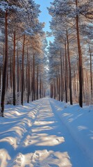 Tranquil Winter Wonderland: Snow-Covered Forest with Tall Trees and Blue Sky