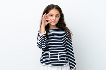 Little caucasian girl isolated on white background showing a sign of silence gesture