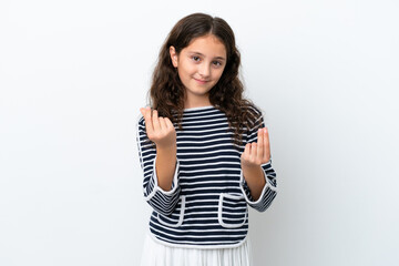 Fototapeta premium Little caucasian girl isolated on white background making money gesture
