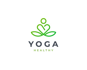 Yoga studio wellness logo with love icon symbol clean and elegant lines style design vector illustration