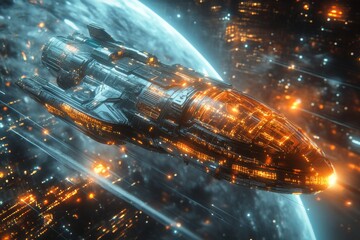  A projection of a futuristic spaceship hovering over a holographic planet with intricate details and glowing energy fields. Generative AI