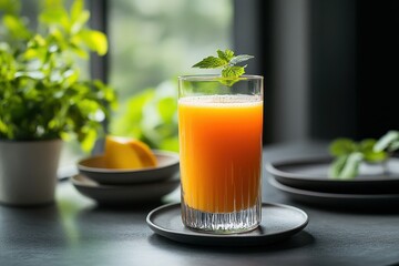 A refreshing glass of orange juice garnished with mint leaves, set against a green backdrop.