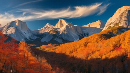 Naklejka premium A sweeping panorama of a majestic mountain landscape during the peak of autumn, generative ai