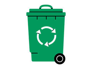 Hand drawn cute cartoon illustration of green garbage can with wheel. Flat vector recycling trash bin, environmental pollution design in doodle style. Ecology sticker, icon. Waste sorting. Isolated.