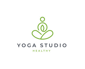 Yoga studio wellness logo with clean and elegant lines style design vector illustration