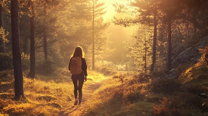 Fototapeta premium Young woman hikes alone through a serene forest at sunset.