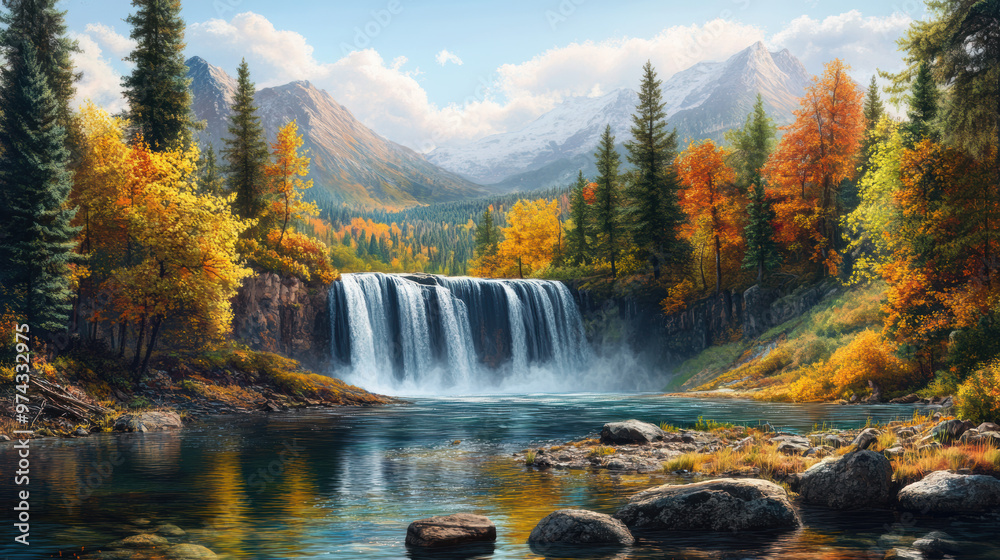 Poster Waterfall in Autumn Mountains.