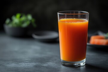 Fototapeta premium A refreshing glass of orange juice with a blurred background of food elements.
