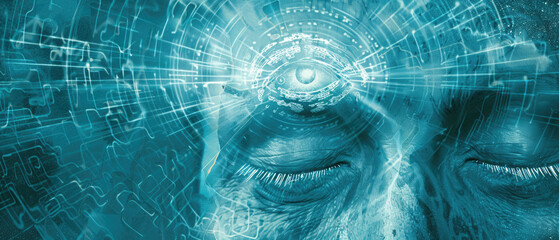 A blue and white image of a man's face with a large eye