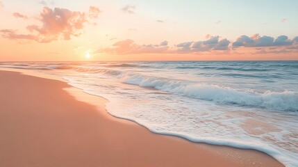 Obraz premium A serene beach scene at sunset, showcasing gentle waves, soft sand, and vibrant sky colors reflecting the tranquil atmosphere.