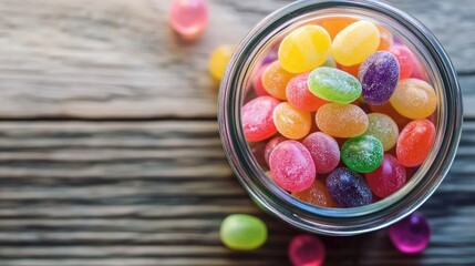 A high-angle view of a candy-filled jar placed on a table, with colorful sweets spilling out, creating a lively and sweet background.