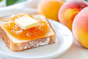 Fototapeta premium slice of toast generously spread with peach jelly, topped with a pat of butter, placed on a white ceramic plate with fresh peaches beside it