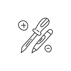 Hand-drawn illustration of a screwdriver, a pen, and plus and minus signs. Concept for construction, repair, design, creativity, learning, and education.