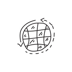 Hand drawn doodle illustration of a globe with arrow showing global connectivity. Concept of internet, world wide web, worldwide, international, global communication