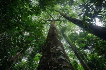 A dense rainforest teeming with life, its towering trees forming a verdant canopy overhead