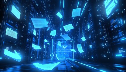 Obraz premium Abstract blue futuristic corridor with glowing documents.