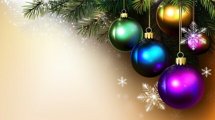 Colorful Christmas Ornaments Hanging From a Pine Branch With Snowflakes in the Background