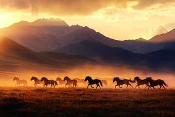 Magnificent Sunset Over Majestic Mountain Landscape with Galloping Horses