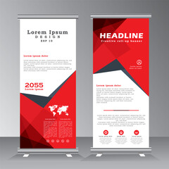 Business Roll Up Banner Design with Red Colour, Vertical Banner, Roll up banner for Poster, flat design template creative concept  with abstract design, vector eps 10,