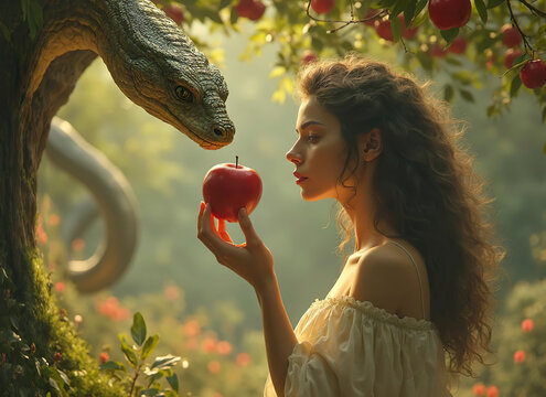 Eve in the garden of Eden, naked, next to ancient snake, holding a red whole apple on hand. young girl picked the forbidden fruit from the tree of knowledge of good and evil. Eva Serpent and Apple.