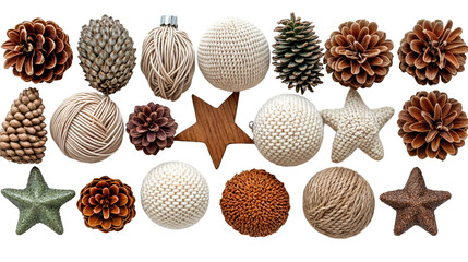 Eco-Friendly Christmas Ornaments Set with Pine Cones, Wooden Stars, and Knitted Balls, Isolated on Transparent Background
