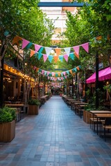 A walkway in a vibrant city square is lined with colorful banners and bustling cafes, serving as a hub of activity and energy. 
