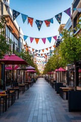 Naklejka premium A walkway in a vibrant city square is lined with colorful banners and bustling cafes, serving as a hub of activity and energy. 