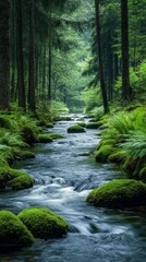 Fototapeta premium Tranquil Forest Stream: Clear Waters, Mossy Rocks, and Verdant Surroundings
