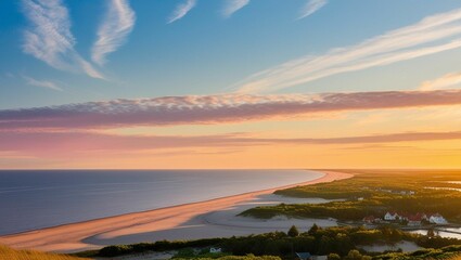 Vibrant panoramic view of a serene sunrise on the picturesque island of Sylt, Schleswig-Holstein, Germany, generative ai