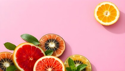 Sliced fruits on a pink background